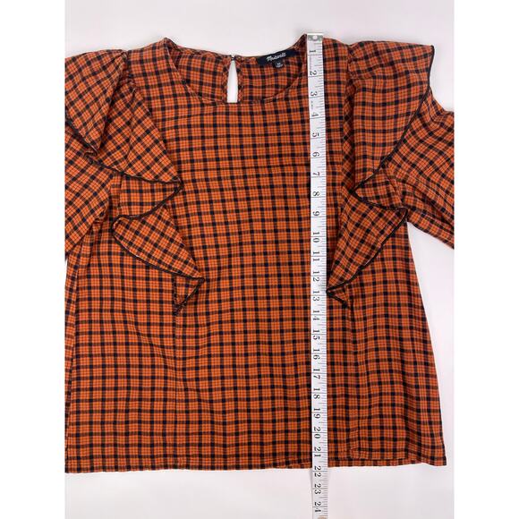 Madewell Burnt Orange & Black Plaid Ruffle Front Long Sleeve Top - Picture 5 of 8
